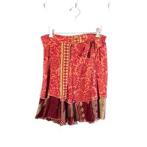 Indian Sari Mini Wrap Skirt Reversible, Small Medium Large XL NEW Red Tan Floral